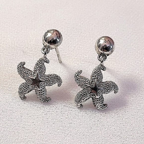 Mini Starfish Sterling Silver Dangle Earrings - Picture 1 of 6